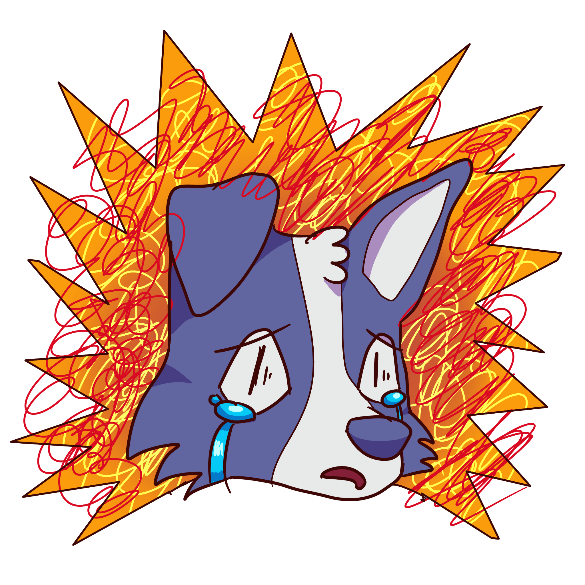 (image of a blue dog crying and looking anxious surrounded by a spiky orange bubble with red and yellow scribbles on it